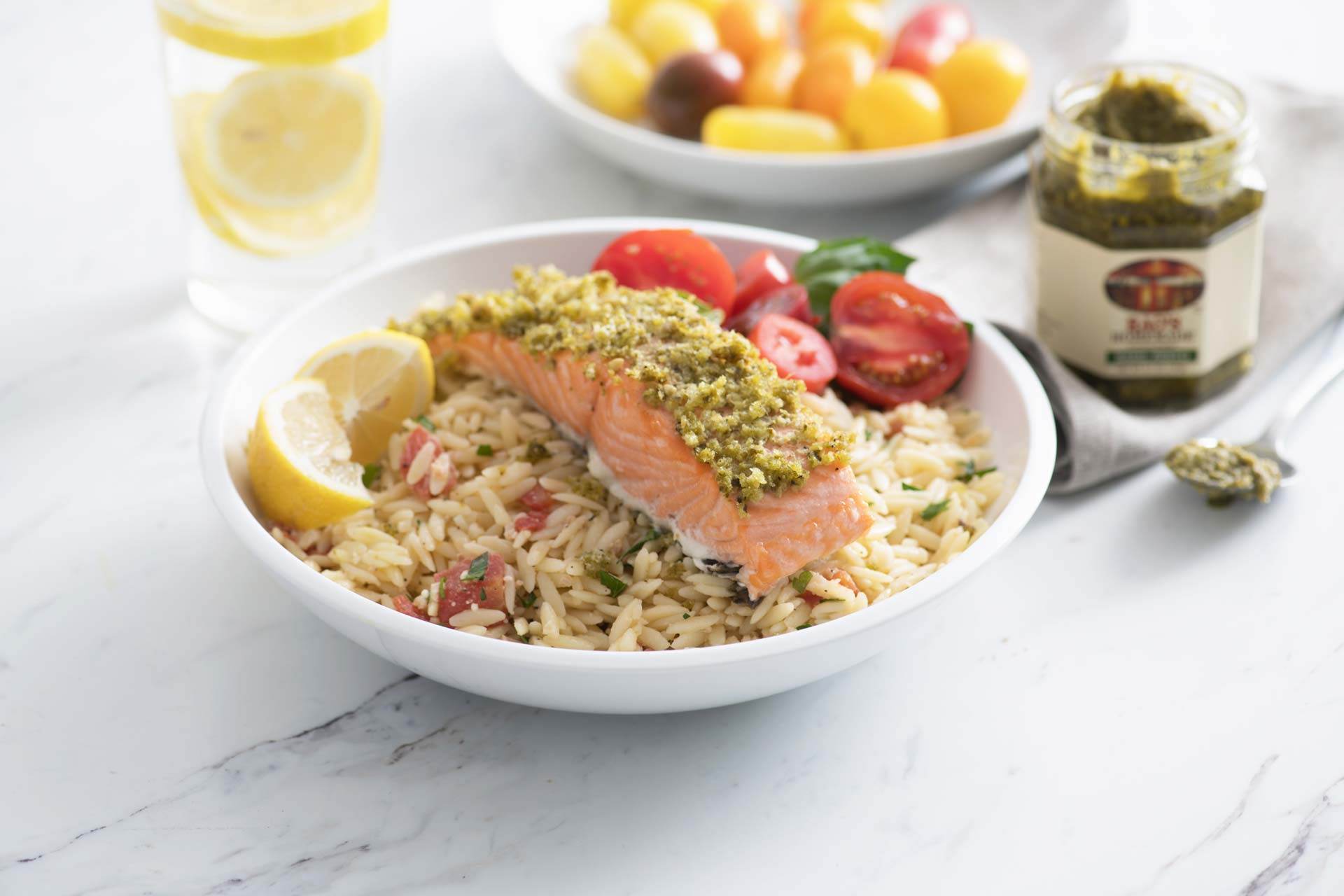 Basil Pesto Crusted Salmon with Orzo and Margherita Salad Recipe – Rao's Specialty Foods