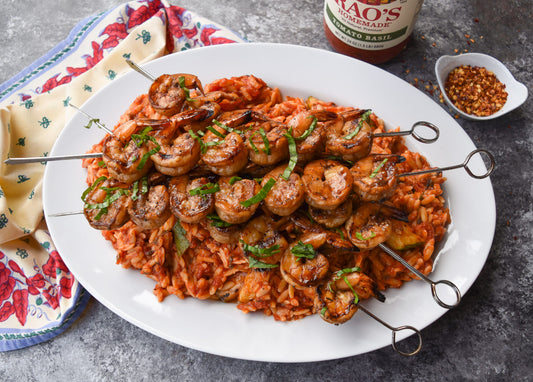 Serena Wolf’s Orzo with Tomato Basil Sauce, Zucchini, and Grilled Shrimp